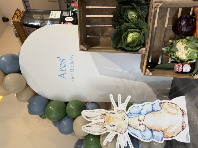A Peter Rabbit themed first birthday party set up at The Little Borough